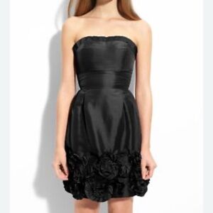 Max & Cleo Black Strapless satin Dress with rosette Floral Detail size 10